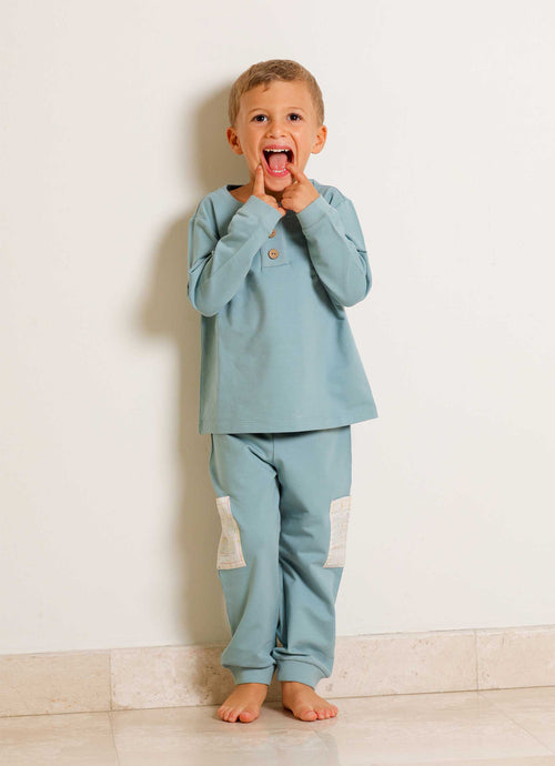 Blue Checkered button jogger set